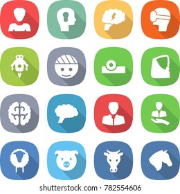 flat vector icon set - woman vector, bulb head, brain, virtual mask, jet robot, bandaged, reflector, broken hand, client, sheep, pig, cow, horse