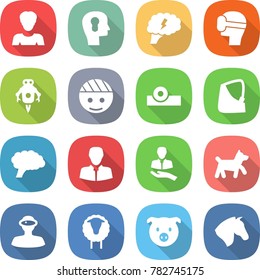 flat vector icon set - woman vector, bulb head, brain, virtual mask, jet robot, bandaged, reflector, broken hand, client, dog, vr helmet, sheep, pig, horse