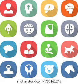 flat vector icon set - woman vector, bulb head, brain, virtual mask, jet robot, bandaged, broken hand, client, dog, vr helmet, sheep, pig, horse