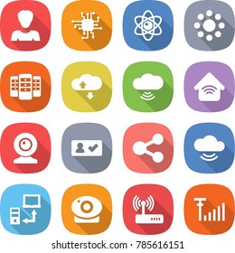 flat vector icon set - woman vector, chip, atom, round around, server, cloud service, wireless, home, web cam, check in, share, data transfer, camera, router, antenna signal