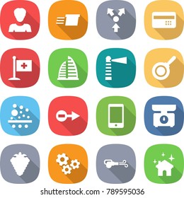 flat vector icon set - woman vector, delivery, core splitting, credit card, medical flag, skyscraper, lighthouse, pan, filter, electron, phone, kitchen scales, berry, gears, blower, house cleaning