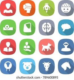 flat vector icon set - woman vector, virtual mask, jet robot, bandaged head, reflector, broken hand, brain, client, dog, vr helmet, sheep, pig, cow, horse