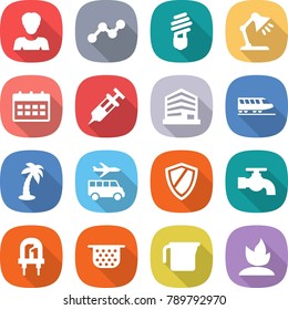 flat vector icon set - woman vector, graph, bulb, table lamp, calendar, syringe, office, train, palm, transfer, shield, water tap, led, colander, measuring cup, sprouting