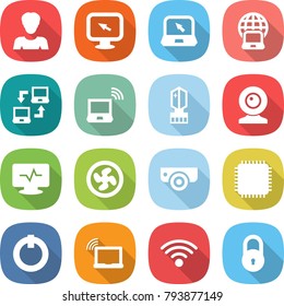 flat vector icon set - woman vector, monitor arrow, notebook, globe, connect, wireless, crystall memory, web cam, pulse, cooler fan, surveillance camera, cpu, on off button, laptop wifi, lock