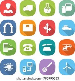 flat vector icon set - woman vector, truck, round flask, scales weight, arch, package box, route, car baggage, hotel, phone, cutting board, helicopter, satellite, data transfer, skimmer, windmill