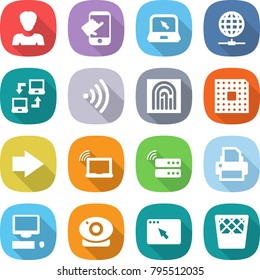 flat vector icon set - woman vector, touch, notebook, globe connect, wireless, fingerprint, cpu, right arrow, laptop wifi, server, printer, computer, web camera, browser window, trash bin