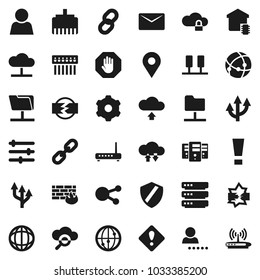 Flat vector icon set - world vector, internet, social media, connection, server, disconnection, network folder, cloud, glass, lock, exchange, big data, gear, equalizer, shield, firewall, hub, upload