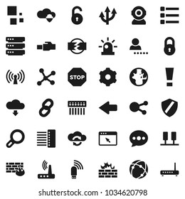 Flat vector icon set - world vector, social media, connection, network, server, cloud shield, exchange, big data, browser, gear, menu, firewall, hub, usb modem, router, lan connector, message, arrow