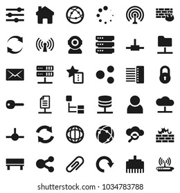 Flat vector icon set - world vector, antenna, internet, connect, connection, network folder, server, cloud, glass, big data, equalizer, firewall, hub, lan connector, share, home, favorites, bench