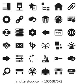 Flat vector icon set - world vector, antenna, connection, cloud shield, exchange, lock, big data, browser, gear, equalizer, firewall, hub, router, lan connector, home, favorites, bench, arrow, mail