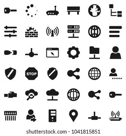 Flat vector icon set - world vector, social media, connect, network folder, server, cloud, glass, browser, gear, equalizer, menu, shield, firewall, hub, router, lan connector, share, bench, loading