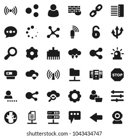 Flat vector icon set - world vector, social media, network, folder, server, cloud glass, shield, exchange, gear, equalizer, firewall, hub, usb modem, lan connector, share, message, arrow, loading