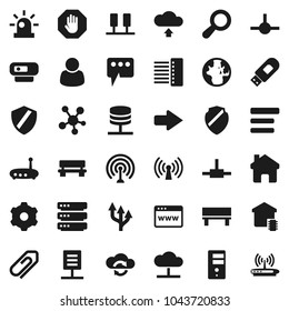 Flat vector icon set - world vector, antenna, social media, connect, server, network, cloud, exchange, big data, browser, gear, menu, shield, hub, usb modem, router, home, message, bench, arrow