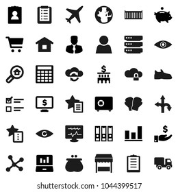 Flat vector icon set - world vector, exam, graph, cart, laptop, piggy bank, manager, investment, building, calculator, binder, personal information, safe, monitor dollar, snickers, boxing glove, eye