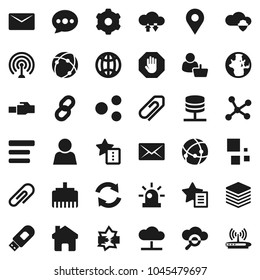 Flat vector icon set - world vector, antenna, connection, network, disconnection, server, cloud, glass, shield, exchange, big data, gear, menu, usb modem, lan connector, share, home, favorites, mail