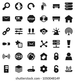 Flat vector icon set - world vector, antenna, connection, network, server, cloud exchange, big data, gear, equalizer, usb modem, router, home, favorites, bench, redo, mail, chain, globe, lock, user
