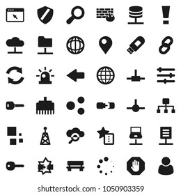 Flat vector icon set - world vector, antenna, connect, notebook network, disconnection, folder, server, cloud, glass, browser, equalizer, shield, firewall, usb modem, lan connector, share, favorites