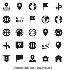 Flat vector icon set - world vector, flag, dollar, route, navigator, earth, map pin, traking, internet, connection, globe, home
