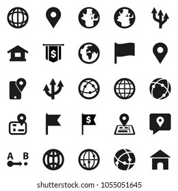 Flat vector icon set - world vector, flag, dollar, navigator, earth, map pin, traking, route, internet, connection, globe, arrow, home