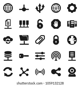 Flat vector icon set - world vector, antenna, internet, connect, network, server, folder, cloud exchange, gear, equalizer, share, refresh, globe, route arrow, document, attachment, lock, unlock, key