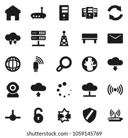 Flat vector icon set - world vector, antenna, connect, disconnection, network server, cloud, exchange, shield, usb modem, router, home, bench, refresh, upload, download, loading, mail, unlock