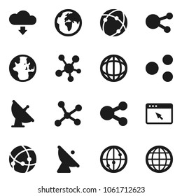 Flat vector icon set - world vector, earth, satellite antenna, internet, social media, connection, network, browser, share, cloud download, globe