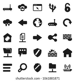 Flat vector icon set - world vector, network folder, cloud exchange, browser, menu, shield, firewall, router, share, home, message, arrow, redo, route, document, unlock, magnifier, smart
