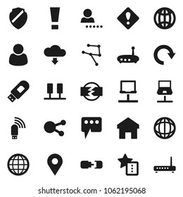 Flat vector icon set - world vector, social media, network, server, notebook, shield, usb modem, router, home, favorites, message, redo, cloud download, globe, connection, login, attention sign, pin