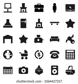 Flat vector icon set - world vector, exchange, case, calculator, man, skateboard, calendar, satellite, package, camera, notebook pc, speaker, network, barn, cushioned furniture, fireplace, phone