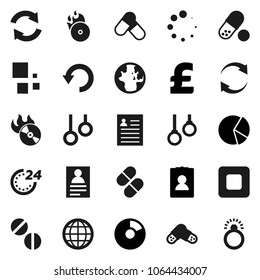 Flat vector icon set - world vector, personal information, pie graph, pound, pills, gymnast rings, music hit, stop button, refresh, undo, loading, globe, 24 hour, diamond ring