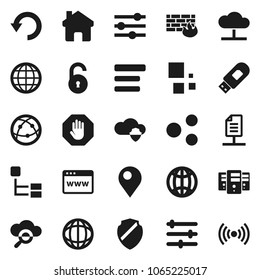 Flat vector icon set - world vector, internet, cloud network, glass, shield, server, browser, equalizer, menu, firewall, usb modem, share, home, undo, loading, globe, hierarchy, document, unlock