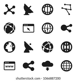 Flat vector icon set - world vector, earth, satellite antenna, internet, social media, connection, network, browser, share, cloud download, globe