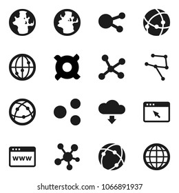 Flat vector icon set - world vector, any currency, earth, internet, social media, connection, network, browser, share, cloud download, globe