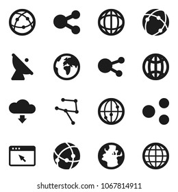 Flat vector icon set - world vector, earth, satellite antenna, internet, social media, connection, network, browser, share, cloud download, globe