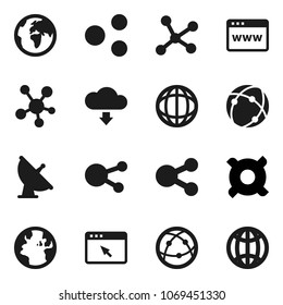 Flat vector icon set - world vector, any currency, earth, satellite antenna, internet, social media, connection, network, browser, share, cloud download, globe