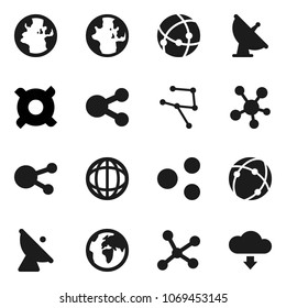 Flat vector icon set - world vector, any currency, earth, satellite antenna, social media, connection, network, share, cloud download