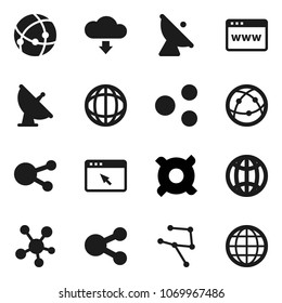 Flat vector icon set - world vector, any currency, satellite antenna, internet, social media, connection, network, browser, share, cloud download, globe