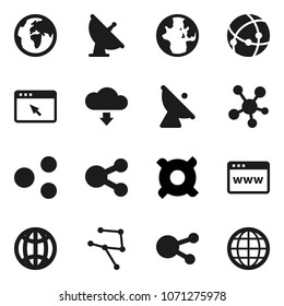 Flat vector icon set - world vector, any currency, earth, satellite antenna, social media, connection, network, browser, share, cloud download, globe