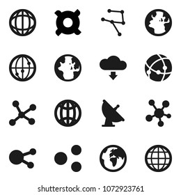 Flat vector icon set - world vector, any currency, earth, satellite antenna, internet, social media, connection, network, share, cloud download, globe
