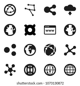 Flat vector icon set - world vector, any currency, earth, internet, social media, connection, network, browser, share, cloud download, globe