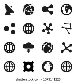 Flat vector icon set - world vector, any currency, earth, satellite antenna, internet, social media, connection, network, share, cloud download, globe