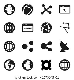 Flat vector icon set - world vector, any currency, earth, satellite antenna, connection, network, browser, share, globe