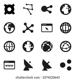 Flat vector icon set - world vector, any currency, earth, satellite antenna, internet, social media, connection, network, browser, share