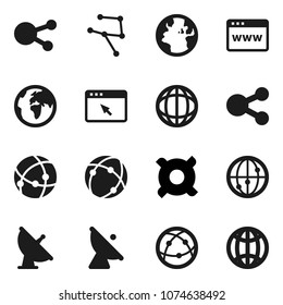 Flat vector icon set - world vector, any currency, earth, satellite antenna, internet, social media, connection, network, browser, share, globe