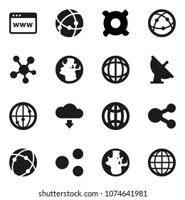 Flat vector icon set - world vector, any currency, earth, satellite antenna, internet, social media, connection, browser, share, cloud download, globe