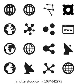 Flat vector icon set - world vector, any currency, earth, satellite antenna, internet, social media, network, browser, share, globe