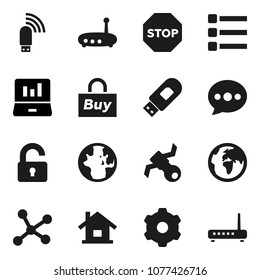 Flat vector icon set - world vector, laptop graph, earth, satellite, network, gear, menu, usb modem, router, message, stop, house, unlock, buy