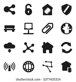 Flat vector icon set - world vector, network, notebook, shield, share, home, bench, refresh, cloud download, attachment, unlock, wireless, smart