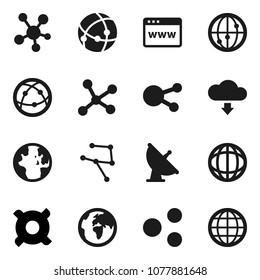 Flat vector icon set - world vector, any currency, earth, satellite antenna, internet, social media, connection, network, browser, share, cloud download, globe