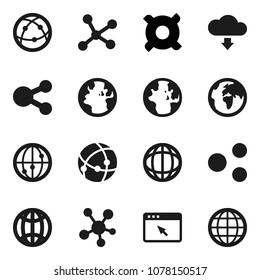 Flat vector icon set - world vector, any currency, earth, internet, social media, connection, network, browser, share, cloud download, globe